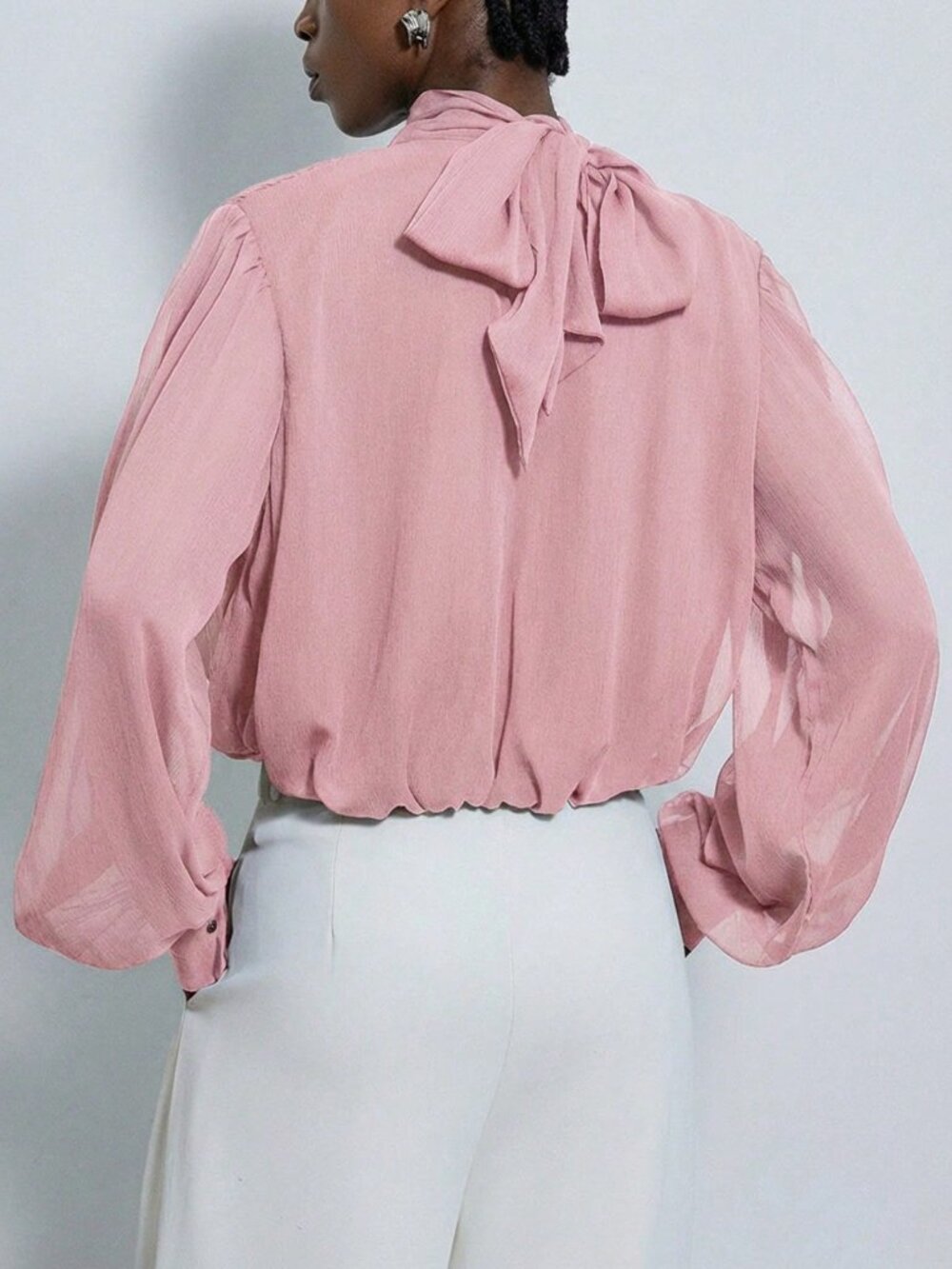 Pink Elegant Women's Mock Neck Sheer Blouse with Wrap Front and Puff Sleeves - Picture 2 of 7
